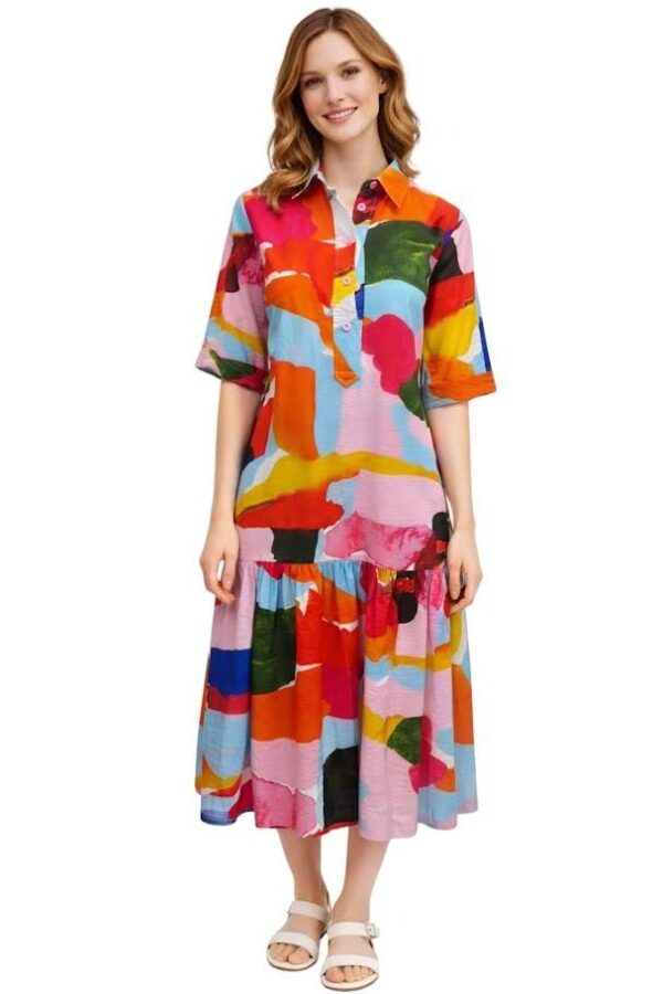 Katie’s Ladies Apparel Women’s Colorful Abstract Art Print Midi Shirt Dress with Tiered Hem