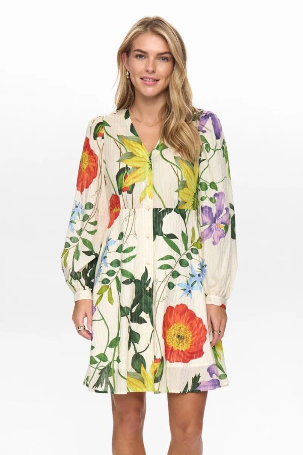 Katie’s Ladies Apparel Women’s Cream Floral Print Long Sleeve V-Neck Mini Shirt Dress